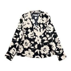 HALSTON Womens Black White Floral Print V Neck Long Sleeve Blouse Top XL